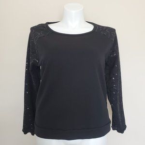 Chicos Sz 2 Black Raglan Sleeve Sequined Top Shirt